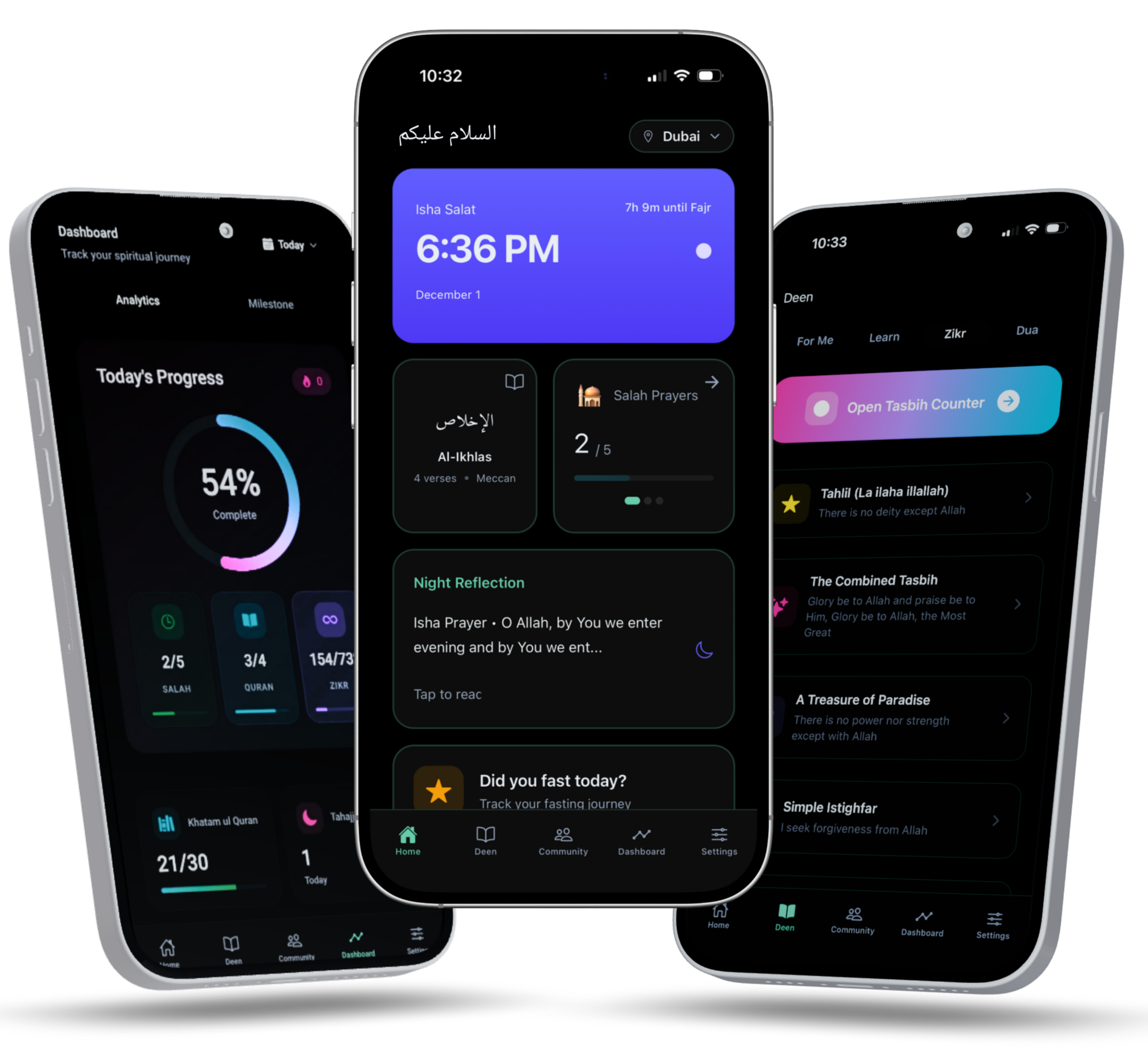 Suufi app screenshots showing Islamic habit tracking interface