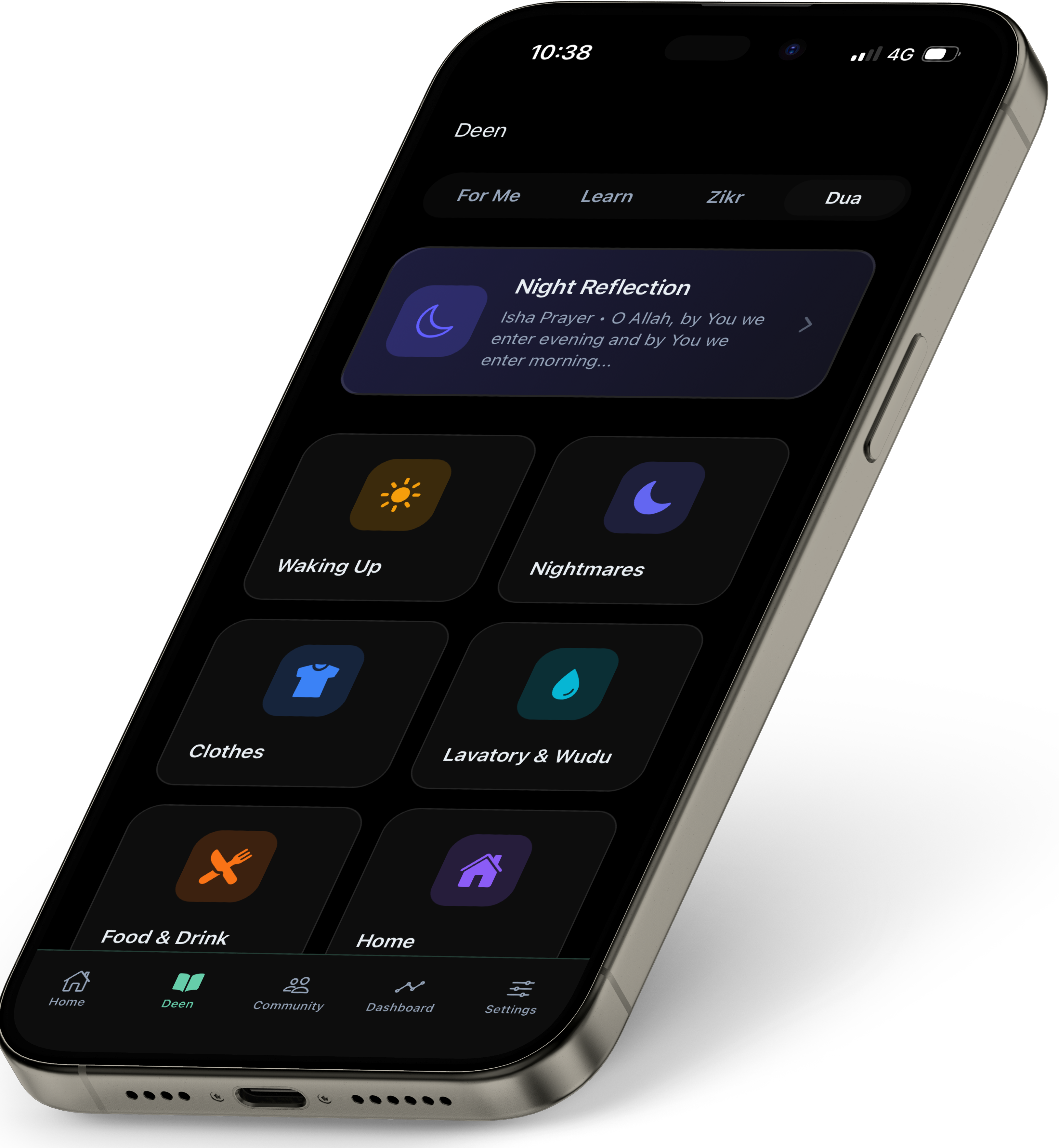 Dua library screen showing Islamic supplications