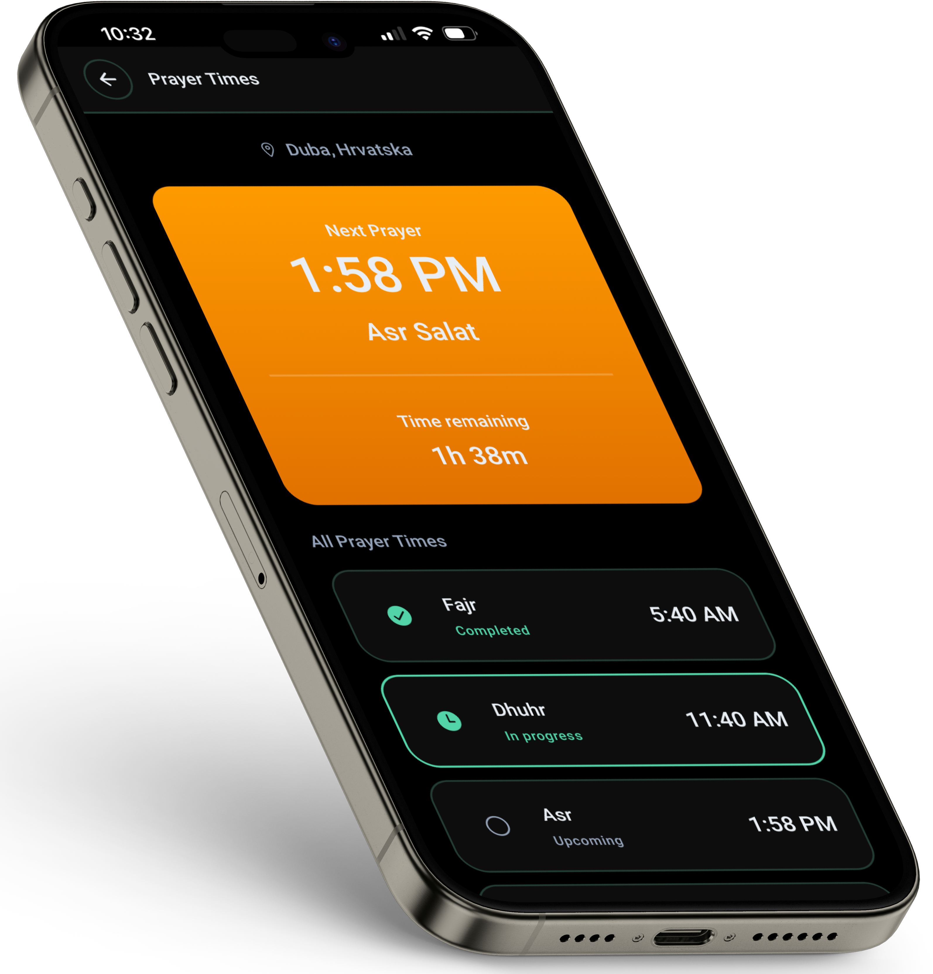 Prayer Times screen showing next prayer and all prayer times